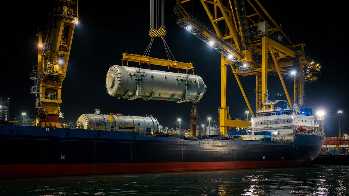 Break-bulk / project-cargo vessel loading heavy-lift units under charter-party terms