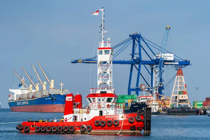Tug and barge charter operations - harbour tug and bulk carrier alongside port cranes